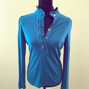 Tory Burch Ruffle Neck Polo, gold logo buttons